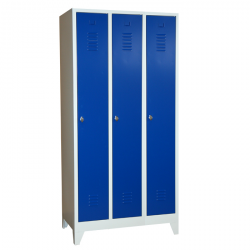 Stahl-Kleiderspind - blaue Türen -  30 cm Abteilbreite - Gesamt 90 cm breit - 3 Abteile  - mit Füssen - 3 Drehriegel - Lieferzeit ca. 2-3 Wochen !