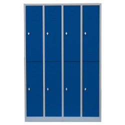 Stahl-Fächer-Schrank - 4 Abteile, 2 Fächer übereinander, auf Sockel. Anzahl der Fächer: 8, Abteilbreite 300 mm - sofort lieferbar!